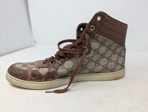 Gebrauchte Gucci Herren Hoch Turnschuhe Braun Canvas Leder GG Logo Größe 10 (L4) - Bild 4 von 12