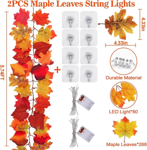 Guirnalda Flexible Decoración Otoño Hojas de Arce con 40 Luces LED - Paquete de 2, 11,8 pies - Imagen 7 de 11