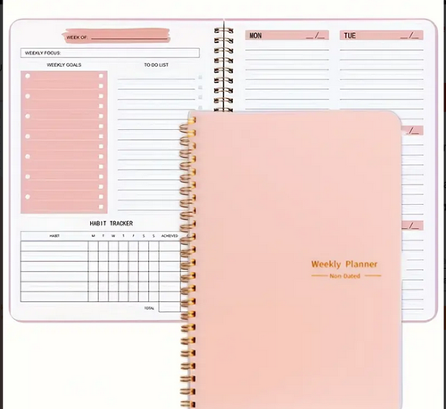 Rosa A5 Spiral undatierter Planer 52 Seiten, Tages-Wochenagenda Notizbuch, PVC-Einband - Bild 1 von 3