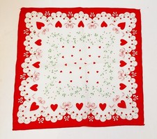Vintage Cotton Valentine Handkerchief Hanky 12" Red Hearts Bows Flowers