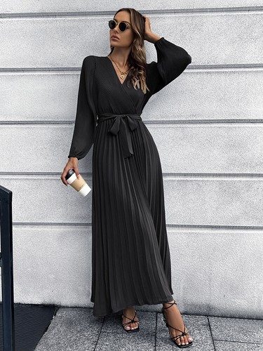 Women Casual Long Sleeve V-Neck Pleated A-Line Long Maxi Dress - Picture 11 of 24