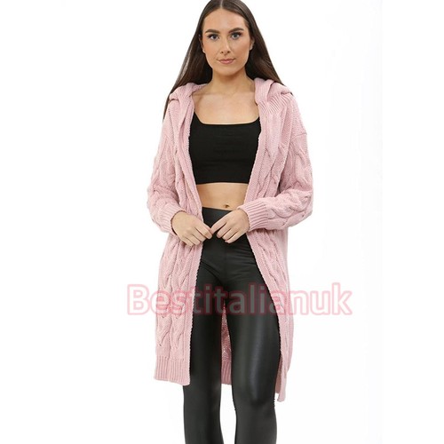 Womens Ladies Chunky Cable Knitted Oversized Longline Hooded Cardigan Size 8-24 - Picture 5 of 10