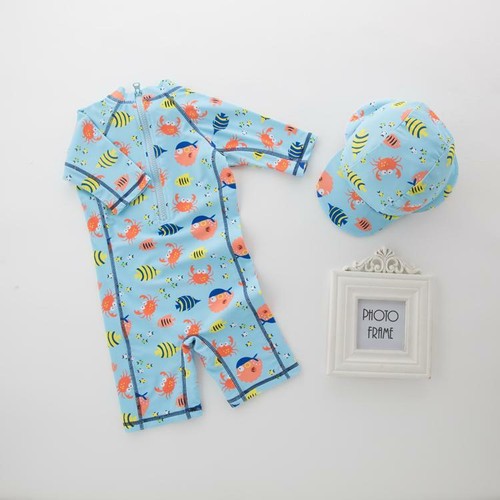 Kid Boys Chic Animals Printed One-Piece Rash Guard with Sun Hat 2pcs Swimsuit Po - Picture 2 of 9