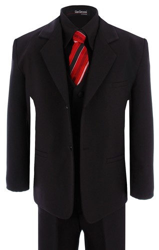 G190 Black Shirt/Red Tie Boy Formal Tuxedo Tux Suit Set Sizes Baby to Teens - Picture 22 of 54