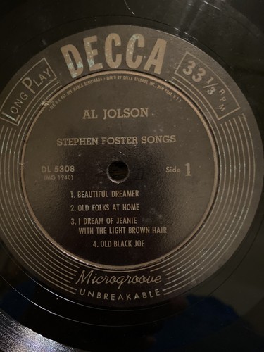 10 inch Vintage LP-Al Jolson Stephen Foster Songs Rare Unbreakable Lp - Picture 7 of 8