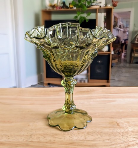 Vintage Green Fenton Ruffled Edge Cabbage Rose Compote Candy Dish - Picture 4 of 9