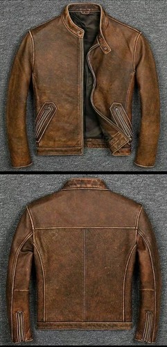 Men's Motorcycle Café Racer Vintage Biker Brown Distressed Real Leather Jacket - Picture 3 of 5
