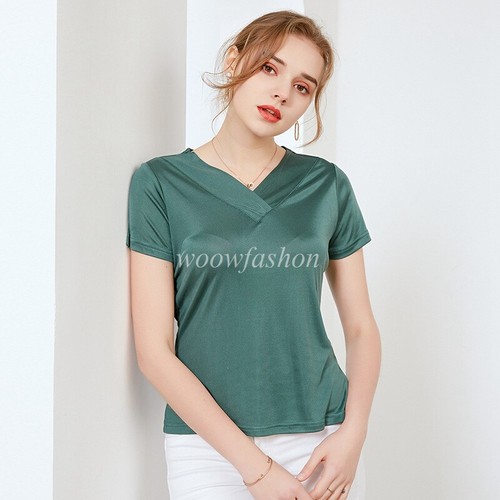 Women Pure Silk Knitted T-Shirt Undershirts Breathable Short Sleeve Tops Tee - Picture 16 of 21