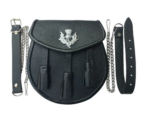 Medieval Scottish Kilt Sporran / Pouch, Real Black Cowhide Leather + Belt