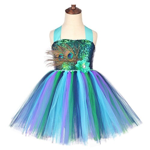 Flower Feather Peacock Tutu Dress Princess Costume Pageant Halloween Theme Wear - Picture 4 of 14