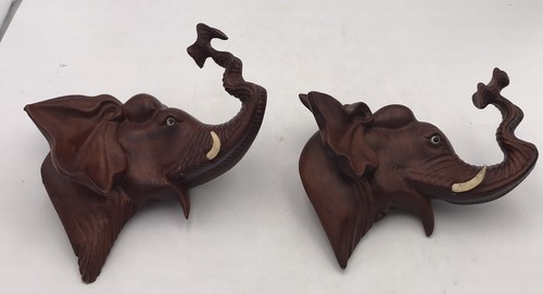 Carved Wood Elephant Head Tie Back ? Wall Plaque Trunk Up Figural 3D Animal - Picture 2 of 12