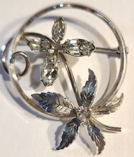 VINTAGE STUNNING SILVER TONE CLEAR CRYSTAL FLORAL PIN BROOCH~SIGNED: KREMENTZ