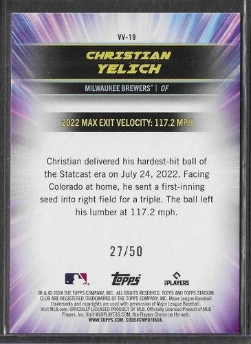 2024 Stadium Club #VV-19 Christian Yelich Green /50 Virtuosos of Velocity - Picture 2 of 2