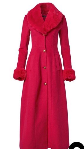 VENUS RED MAXI LONG COAT FAUX FUR COLLAR CUFFS XMAS HOLIDAY GLAM XS/2 WOOL BLEND - Picture 9 of 9