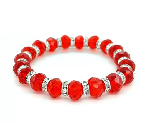 Red Color Faceted Resin Crystal Beaded Stretch Bracelet Austrian Czech CZ - Picture 2 of 2
