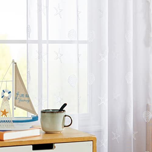 White Sheer Curtains 63 Inch Length Seashell Starfish Pattern Drapes for - Picture 2 of 8