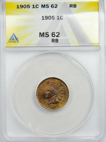1905 Indian Head Cent | ANACS MS62 RB - Toned, High Grade Gem