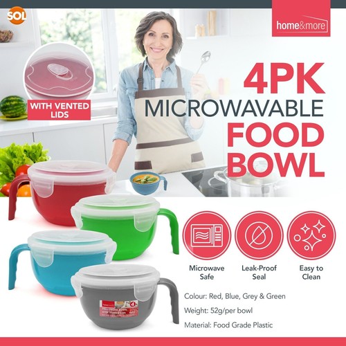 2-8pk Microwave Soup Bowl With Lid & Handle 900ml | Food Porridge Noodle Mug Cup - Picture 11 of 14