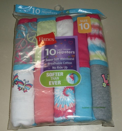 Girls 10 Pack Hanes Tagless Hipsters Underwear Size 10 Peace Love Butterfly NIP - Picture 2 of 2