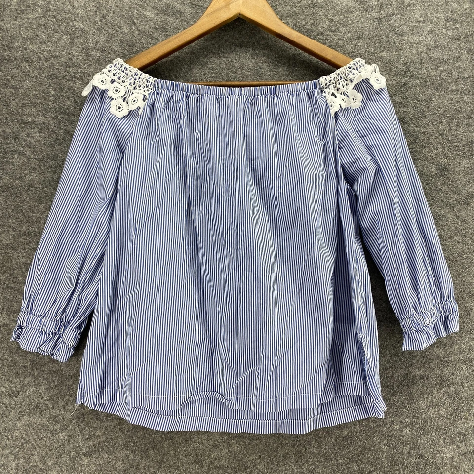 Blusa Elle Feminina M Média Azul Listrada Manga Longa Algodão Crochê Pulôver - Imagem 2 de 4