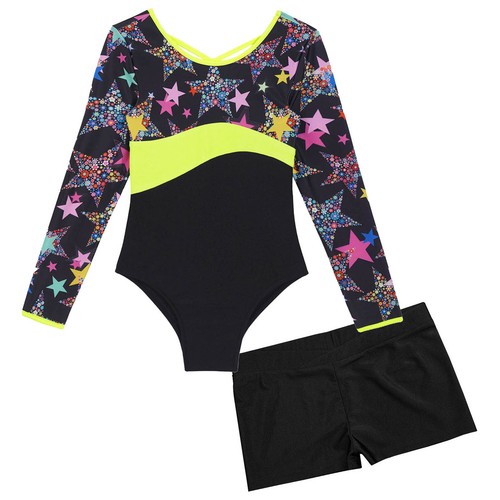Kids Girls 2 Piece Gymnastics Outfit Junior Ballet Dance Leotard with Shorts - Picture 51 of 84