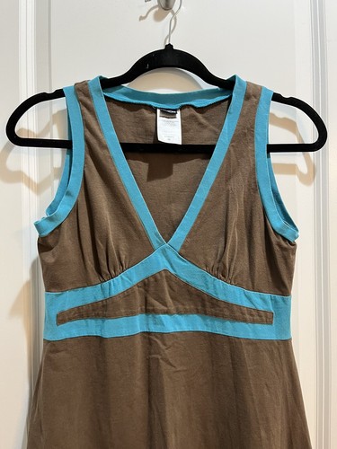 Patagonia Geometric V Neck Dress Medium Brown Blue Piping Armpit To Armpit 18” - Picture 3 of 5