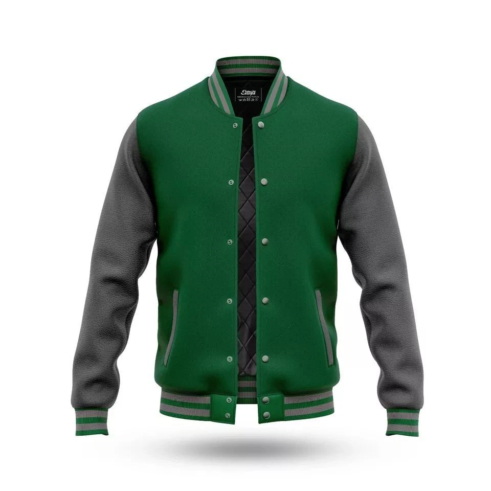 Men's Moto Biker Racer Bomber Baseball Green Wool & Grey Leather Varsity Jacket