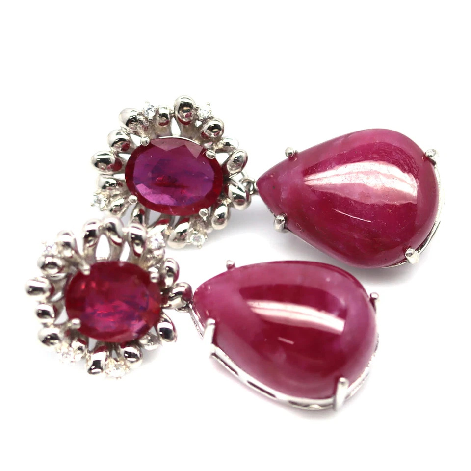 Heated Gemstone 18 x 23 mm. Red Ruby & White Zircon Earrings 925 Sterling Silver - Image 2 of 4