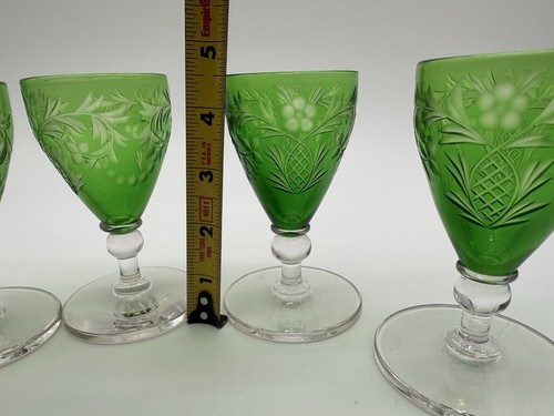 5 Bohemian Green Cut to Clear Glass Cordial Small Wine Goblets, Early 20th C. - Picture 7 of 9