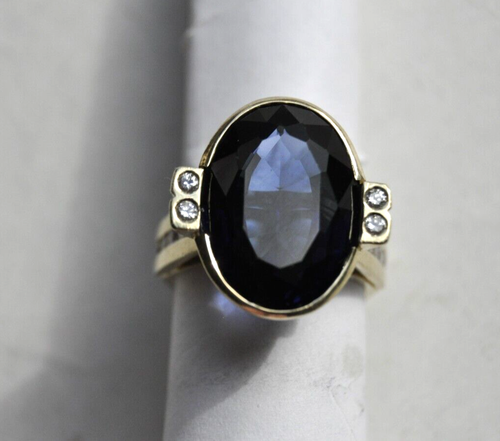 Vtg. synthetic large sapphire and diamond ring in 14K - Picture 9 of 13
