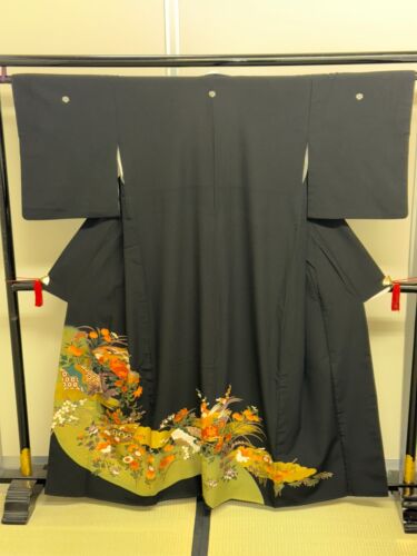 Kimono Tomesode japonés vintage poliéster flor negra escudo familiar altura 61 pulgadas - Imagen 3 de 23