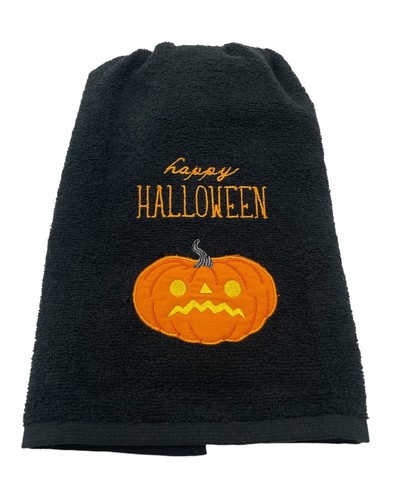 Halloween Hanging Dishtowel Happy Halloween Pumpkin Decal Black Towel USA Made - Picture 4 of 7