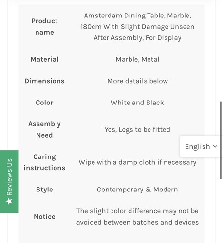 Marble Stone Dining Table 180cm With Black Frame Weilai Concept Display - Picture 7 of 14