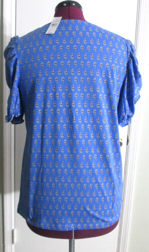 Loft Paisley V-Neck Cotton Top Ruffle Cinched Short Sleeve Pullover Blue Knit L - Picture 10 of 12