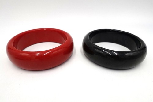 Lot of 3 Vintage 1960's 1970's Thick Black & Red Acrylic Plastic Bangle Bracelet - Picture 2 of 4