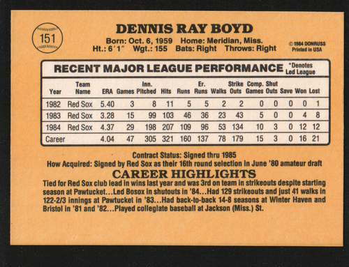 1985 Donruss Baseball  #151 - Oil Can Boyd - Boston Red Sox     85-168 - Picture 2 of 2