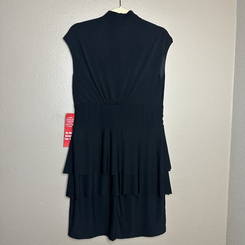 JSP Black Ruffled Dress Womans Size 14 Deep Plunge Metal Belted Knee Length LBD - Picture 4 of 9