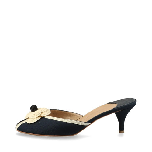Chanel Coco Mark Camelia Stoff Sandalen 37C Damen Navy Blau Einlegesohlen Heels Roll