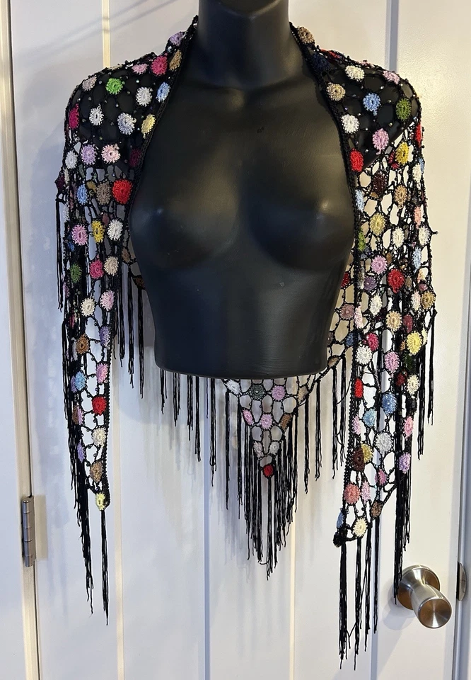 Mantón de ganchillo vintage con cuentas negro y multicolor Gatsby Demur Foto 2 de 4