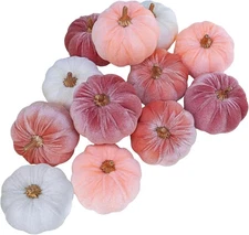 Winlyn 12 Pcs Small Rustic Faux Velvet Pumpkins Decorative Blush Coral Pink Peac