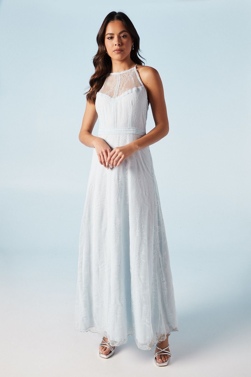 Oasis Womens Maxi Dress Blue Delicate Lace Apron Neck Bridesmaids Gown