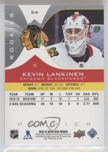 Upper Deck Premier Rookies 2020-21/299 Kevin Lankinen #54 Rookie RC - Imagen 2 de 4