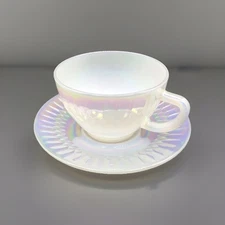 Vintage Federal Glass Moonglow Diamond Point Iridescent 2 Tea Cups + 3 Saucers