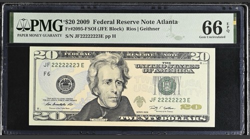 2009 $20 PMG 66 EPQ ⭐ JF22222223E Fancy Serial • 7 of a Kind Near Solid GEM Note - Picture 1 of 3
