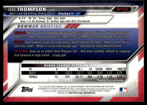 2016 Bowman Prospects Jake Thompson Philadelphia Phillies #BP107 - Picture 2 of 2