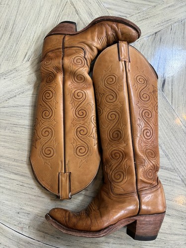 Vintage Justin 18" hohe Cowgirl-Stiefel Größe: 7B genähtes Blatt verziertes Overlay - Bild 3 von 6