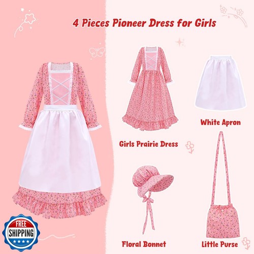 Meland Pioneer Dress for Girls - Colonial Floral Costume with Bonnet, Apron a - Picture 4 of 5