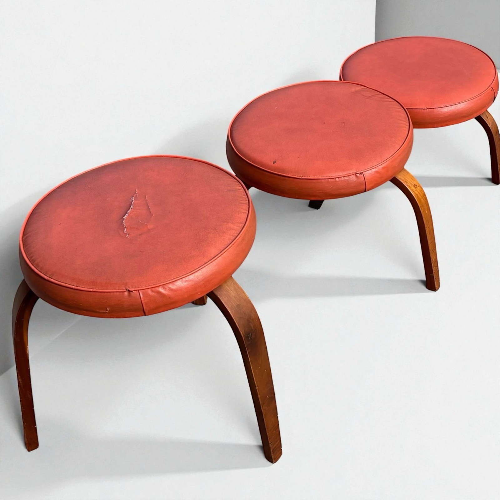 3 Vintage MCM Thonet Bentwood Nesting Stools Mid Century Stacking Orange Vinyl