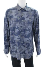 Bugatchi Mens Cotton Camouflage Print Collared Buttoned Top Steel Blue Size XL