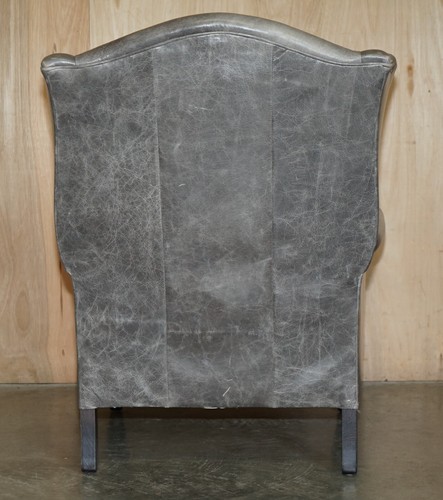 LUXURY PAIR OF CONTEMPORARY GREY BLUE LEATHER WINGBACK ARMCHAIRS EBONISED LEGS - Picture 12 of 23
